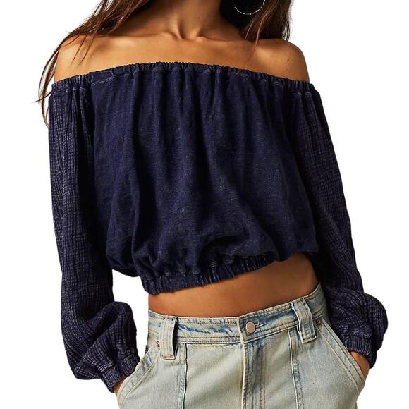 We the Free People Parfait Bubble Top 100% Cotton Navy Off the Shoulder Cropped - Picture 1 of 15